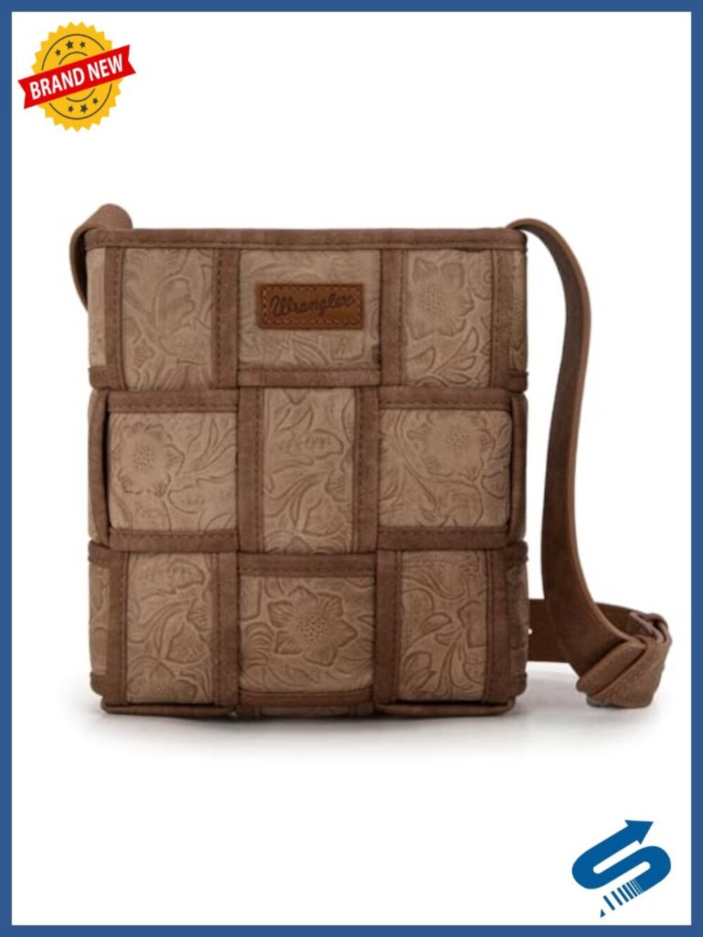 Woven Crossbody Bag with Floral Tooled Design Faux Leather Adjustable Strap